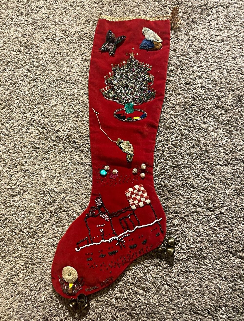 Vintage Handmade Red Velvet Christmas Stocking Embellished Beaded 1950s Decor